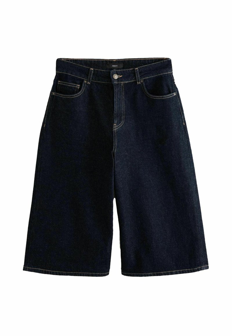 Donkerblauwe denim shorts met een relaxte pasvorm, voorzien van voorzakken, een ritssluiting en contrasterende stiksels langs de naden.