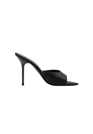 Sandale mule noire à bout ouvert, avec une tige épurée et un talon haut et fin, présentée de profil sur fond blanc.
