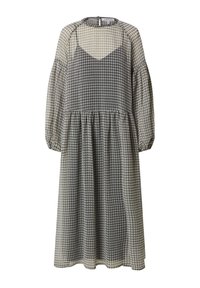 Gekacheltes Maxikleid aus leichter Stoffqualität, mit quadratischem Ausschnitt, Puffärmeln und geraffter Taille. Die Farben sind Schwarz und Creme.