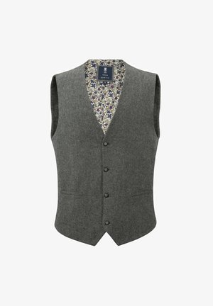 Grau Wolle-Weste mit V-Ausschnitt, fünf Knöpfen, zwei Taschen und einem floral gemusterten Futter. Strukturierter Stoff mit tailliertem Schnitt.