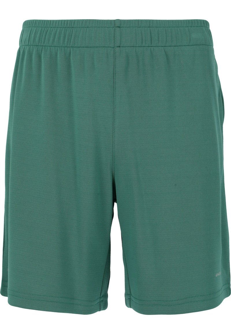 Gröna tygshorts med elastisk midja, slät textur och rak skärning. Inga fickor eller ytterligare funktioner synliga.