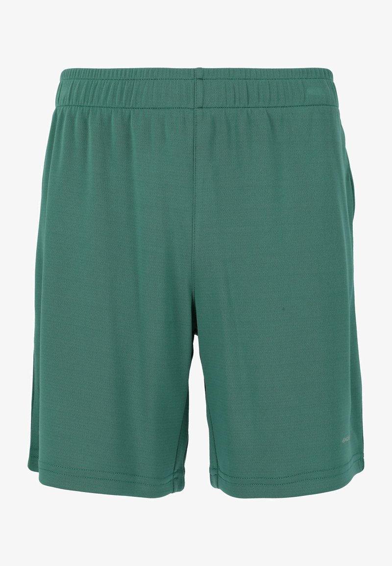 Shorts en tissu vert avec une taille élastique, texture lisse et coupe droite. Pas de poches ni de caractéristiques supplémentaires visibles.
