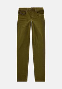 Jeans in cotone verde oliva con una vestibilità a gamba dritta, cinque tasche e una leggera texture scolorita. Presentano una chiusura con bottone e zip.