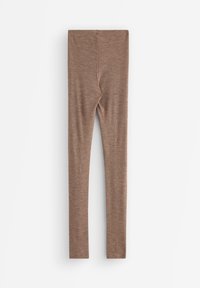 Brune leggings laget av et mykt, texturert stoff. Har et høyt liv og slim-fit design, med en glatt overflate.