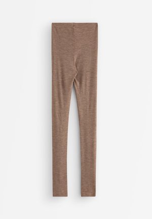 Brune leggings laget av et mykt, texturert stoff. Har et høyt liv og slim-fit design, med en glatt overflate.