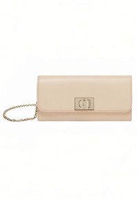 Beige leather wallet with a textured finish, rectangular shape, chain strap, and a metallic logo accent on the front.