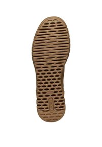 Suola di scarpa marrone in gomma con superficie testurizzata e perforazioni a motivo per la ventilazione, progettata per offrire presa e comfort.