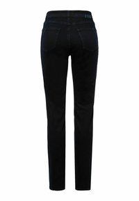 Černé džíny z denimu se slim fit střihem, středně vysokým pasem, pěti kapsami a jemnými švy na zadní straně.