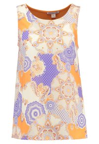 Top sin mangas en crema, que presenta un vibrante patrón de cachemira en naranja, púrpura y blanco con intrincados detalles de mandala. Tejido suave.