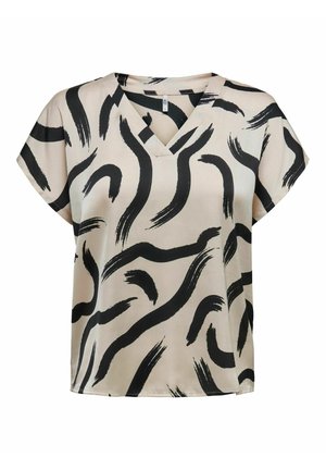 Blouse beige à manches courtes avec motifs abstraits noirs de coups de pinceau et col en V.