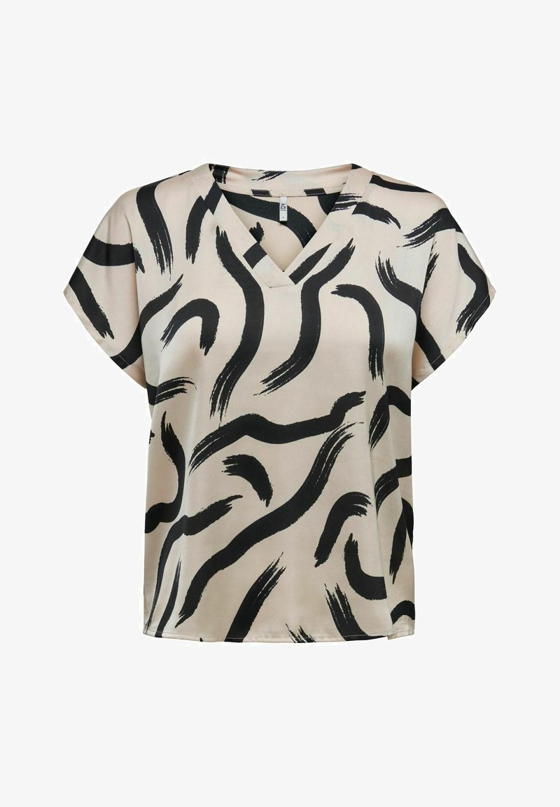 Blouse beige à manches courtes avec motifs abstraits noirs de coups de pinceau et col en V.