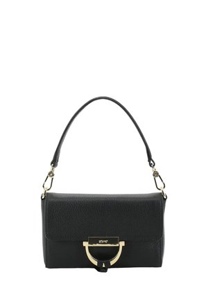 Black leather shoulder bag with a gold-tone clasp and detachable strap, featuring a structured rectangular shape.