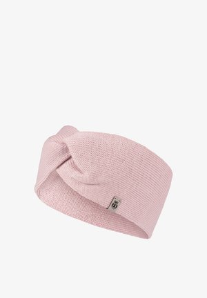 Light pink knitted headband with a twisted knot design and a small rectangular fabric logo tag on one side.