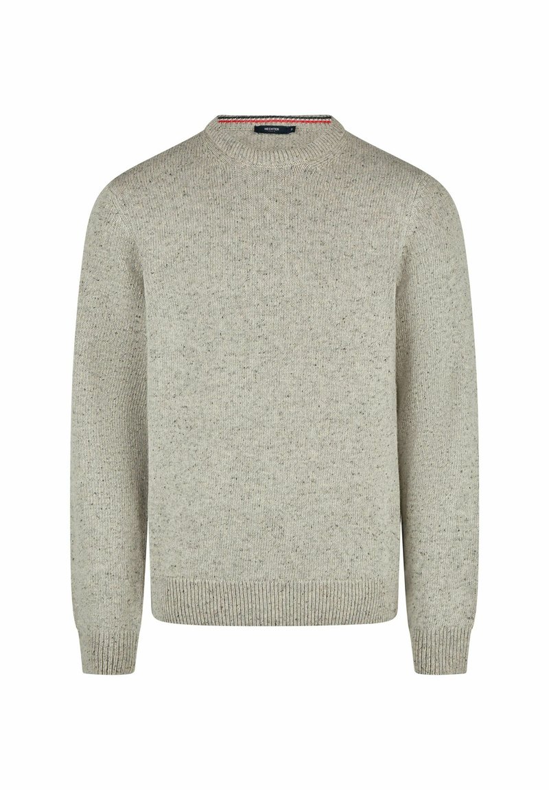 Lichtgrijs gebreid sweater met een ronde hals, ribboorden en zoom. Gelaagde stof met subtiele multikleurige spikkels doorheen.
