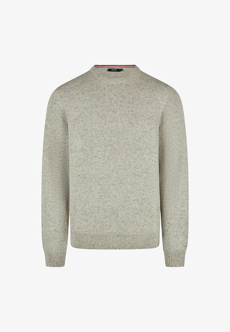 Lichtgrijs gebreid sweater met een ronde hals, ribboorden en zoom. Gelaagde stof met subtiele multikleurige spikkels doorheen.