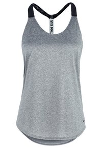 Débardeur athlétique gris sans manches avec des bretelles noires style racerback et un petit logo noir Nike près de l'ourlet inférieur.