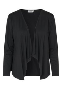 Cardigan leggero nero con davanti drappeggiato, maniche lunghe e texture morbida. Design casual, senza chiusure, finitura liscia.