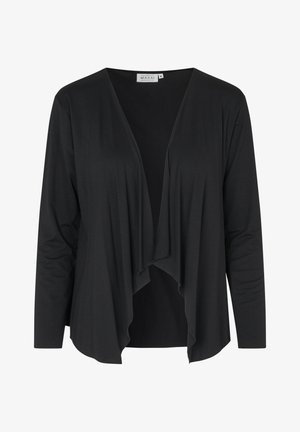 Schwarze, leichte Strickjacke mit drapiertem Vorderteil, langen Ärmeln und weicher Textur. Lässiges Design, keine Verschlüsse, glatte Oberfläche.