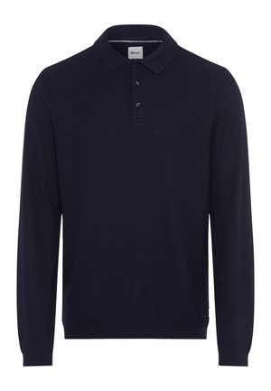 Marineblaue Langarm-Polohemd aus weichem Stoff mit Kragen, einer Drei-Knopf-Leiste und gerippten Bündchen. Mit einem gewebten Etikett am Saum.