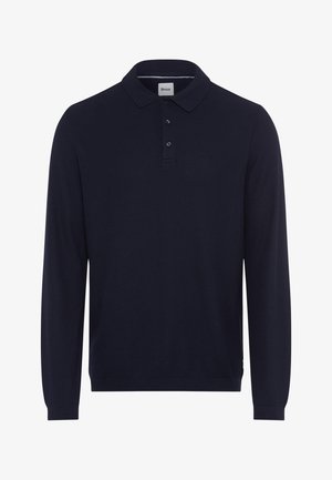 Marineblaue Langarm-Polohemd aus weichem Stoff mit Kragen, einer Drei-Knopf-Leiste und gerippten Bündchen. Mit einem gewebten Etikett am Saum.