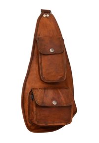 Brown leather sling bag with two front pockets, snap closures, and a smooth texture. Sturdy strap secures bag for easy carrying.