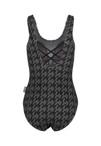 Maillot de bain noir avec un motif géométrique dans des nuances de gris. Dispose d'un dos nu avec des bretelles croisées et d'une silhouette élégante et moulante.