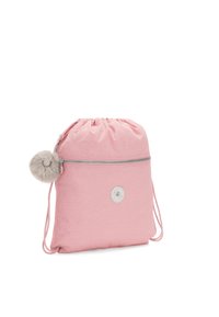 Sacca a coulisse rosa realizzata in tessuto con una tasca con cerniera, caratterizzata da un pon-pon in pelliccia e un logo circolare argentato sul frontale.