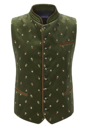 Green velvet vest with floral embroidery, high collar, and decorative brown piping. It features a chest pocket and six button closures.
