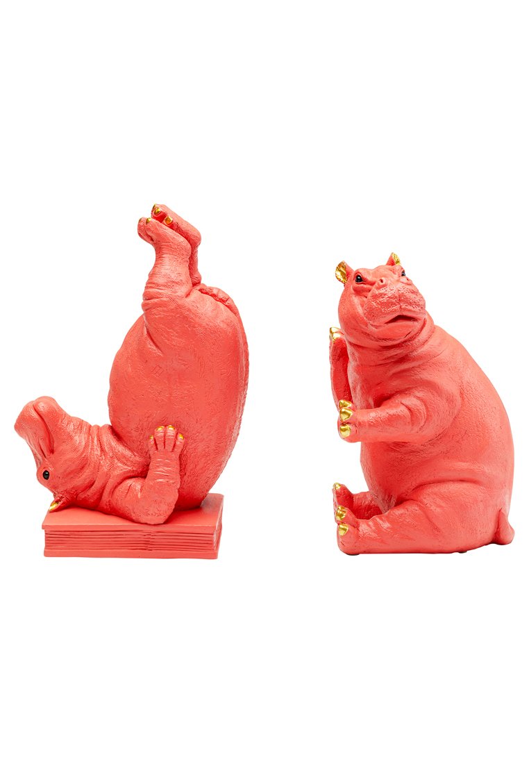 Rosa Nilpferdfiguren mit glänzenden goldenen Akzenten. Eine Seite zeigt eine auf dem Kopf stehende Pose auf einer strukturierten Basis; die andere steht auf allen Vieren.