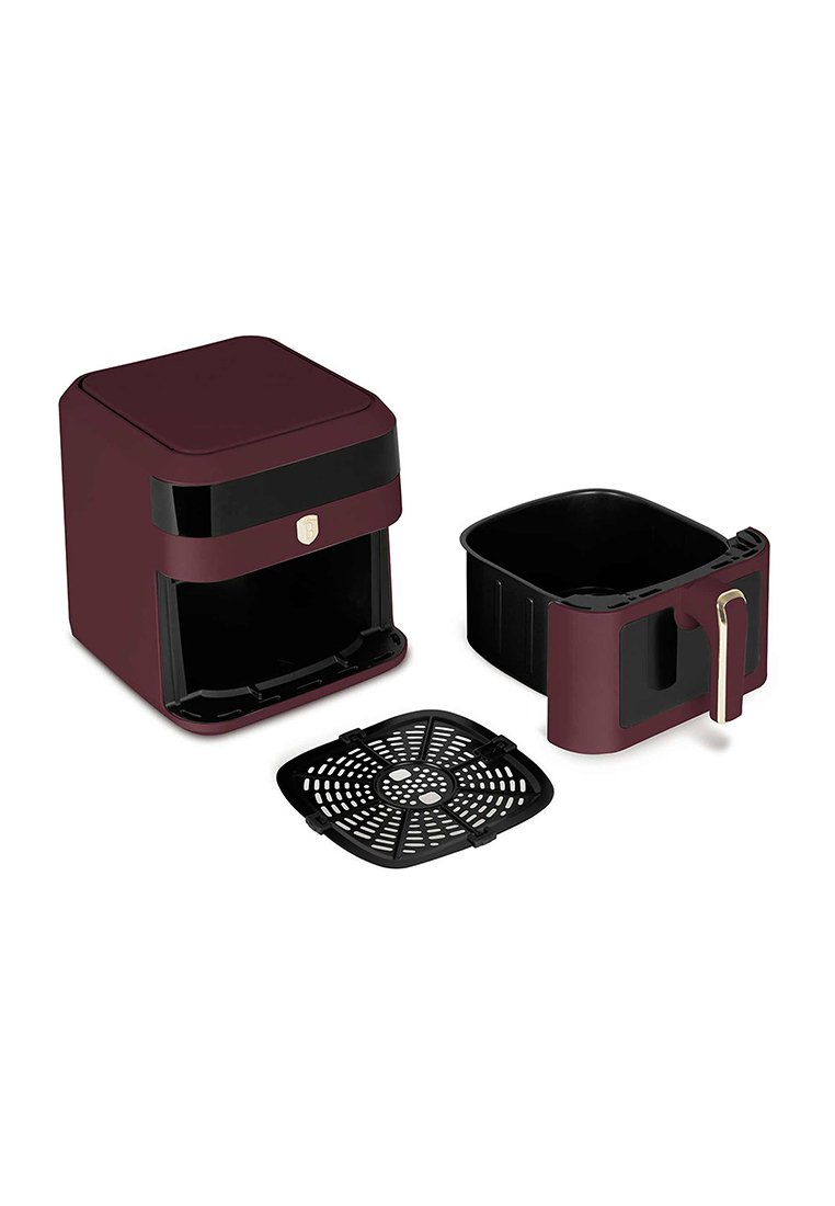 Bordeaux heteluchtfriteuse met een vierkant lichaam, zwarte accenten, een open voorkant en een verwijderbare vierkante mand met een gaasbodem.