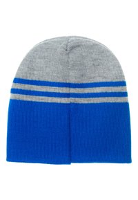 Berretto lavorato a maglia blu con parte superiore grigia e tre strisce grigie. Presenta una texture a coste e una vestibilità aderente, ideale per il freddo.