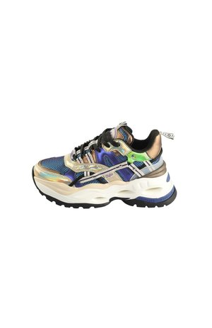 Chunky sneakers with a metallic multicolor mesh upper, black laces, and a thick white midsole. Features green and blue accents.