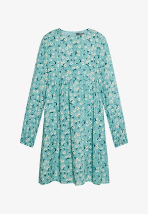 Téglaszínű, hosszú ujjú ruha, fehér margarétákkal és zöld levelekkel díszített virágmintával. A tervezés pleated bodice-t és kerek nyakkivágást tartalmaz.