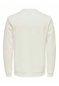 Sudadera crema clara con cuello redondo, mangas largas y puños y bajo acanalados. Textura suave, diseño liso, sin patrones ni logotipos visibles.