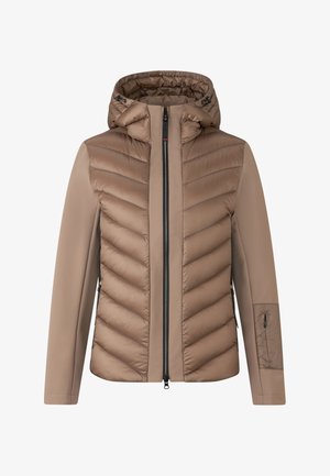 Braune gepolsterte Jacke mit Kapuze, diagonal gesteppt, mit durchgehendem Reißverschluss und einer seitlichen Tasche mit Reißverschluss. Glatte Stoffoberfläche.