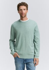 Hellgrüner Pullover aus weichem Strickmaterial mit rundem Halsausschnitt und gerippten Bündchen, kombiniert mit blauen Jeans.