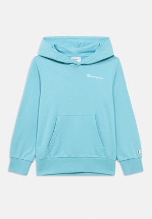 Lys blå Champion-hettegenser med frontlommekangaroo, lange ermer, logo på brystet og ermet, og påsatt hette.