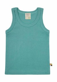 Una canotta senza maniche di un verde acqua chiaro realizzata in morbido cotone, con scollatura rotonda e cuciture piatte; include un piccolo etichetta multicolore sul lato.