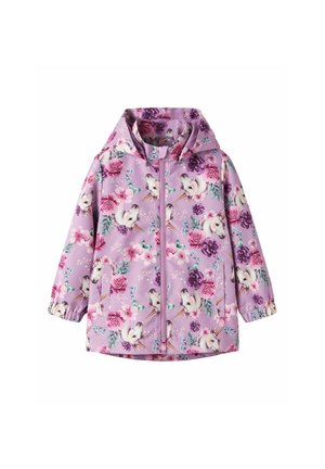 Lila kapucnis gyermekesőkabát unikornissal és rózsaszín, lila virágmintával, elöl cipzárral és rugalmas mandzsettákkal.