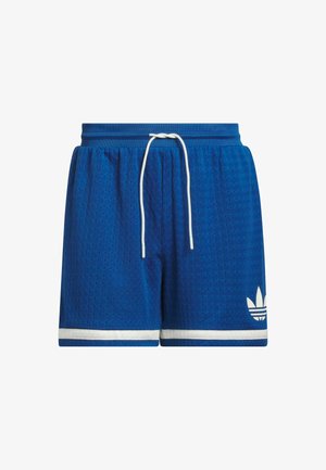 Pantalones cortos de malla azul con superficie texturizada, cintura elástica y cordón blanco. Presentan detalles blancos y un pequeño logo en el lateral.