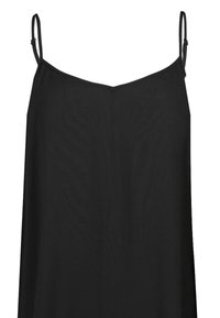 Schwarzes Top mit dünnen verstellbaren Trägern, V-Ausschnitt und fließender Silhouette, hergestellt aus weichem, leichtem Material.