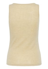 Beidzis bez piedurknēm tank top ar klassischen kakla izgriezumu, redzams no aizmugures, izgatavots no vienkārša, gluda auduma.