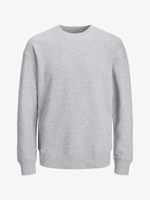 Grå hettegenser med rund hals, lange ermer, og ribbestrikkede mansjetter og hem. Laget av mykt stoff, har en avslappet passform uten mønstre eller dekorasjoner.