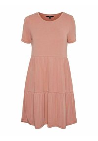 Kortärmad klänning i knä-längd i mjuk rosa tyg, med rund halsringning och en flerhövdad, flödande kjoldesign. Slät textur, utan mönster.