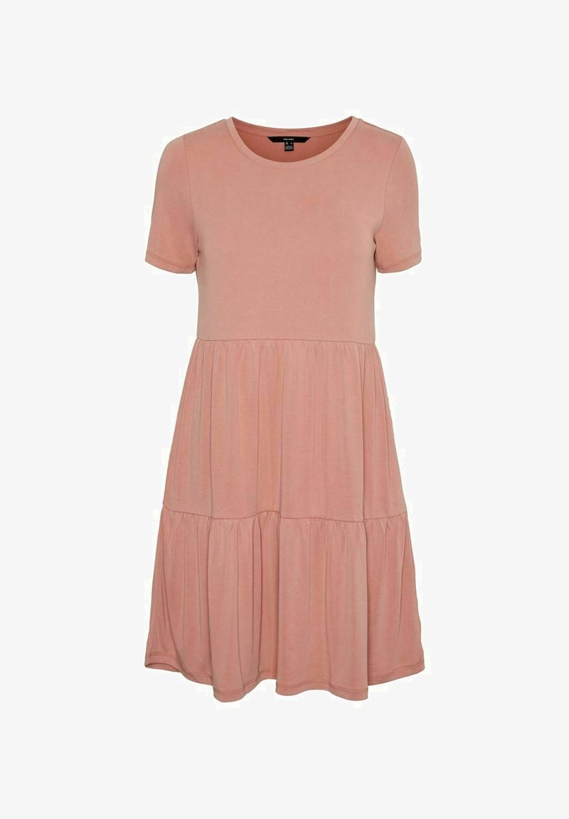 Lyhythihainen, polvipituinen mekko pehmeästä vaaleanpunaisesta kankaasta, jossa on pyöreä pääntie ja kerroksellinen, valuva hameosa. Sujuva pinta, ilman kuvioita.