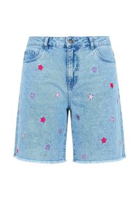 Shorts in denim azzurro chiaro con stelle ricamate multicolori e orli sfrangiati, con tasche frontali e chiusura con bottone.