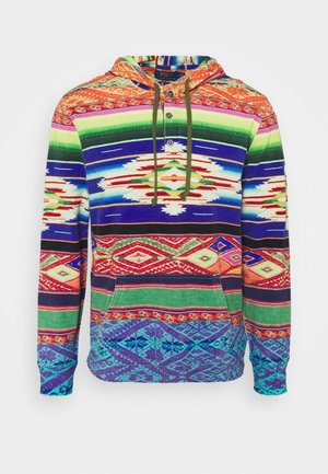 Mikina s kapucí, přední kapsou, knoflíkovou légou, zelenými šňůrkami a živými mnohobarevnými geometrickými a etnickými vzory.