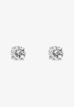 Apvalūs deimantiniai auskarai, įstatyti į keturių kabliukų metalinį laikiklį. Skaidrus, puikiai poliruotas, su dideliu blizgesiu, demonstruojantis klasiką ir paprastumą.