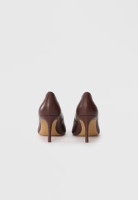 Chaussures à talons hauts en cuir marron avec des pointes effilées, une texture lisse et un talon élancé. Design minimaliste, semelle de couleur neutre.