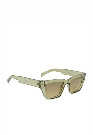 Prozorne svetlo zelene pravokotne sončna očala z rjavimi lečami UV400 in debelimi kraki na belem ozadju.